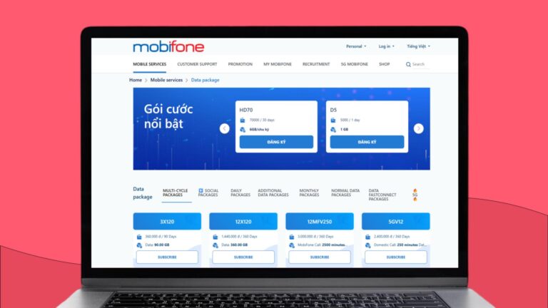 Een laptopscherm met daarop de online winkel van MobiFone