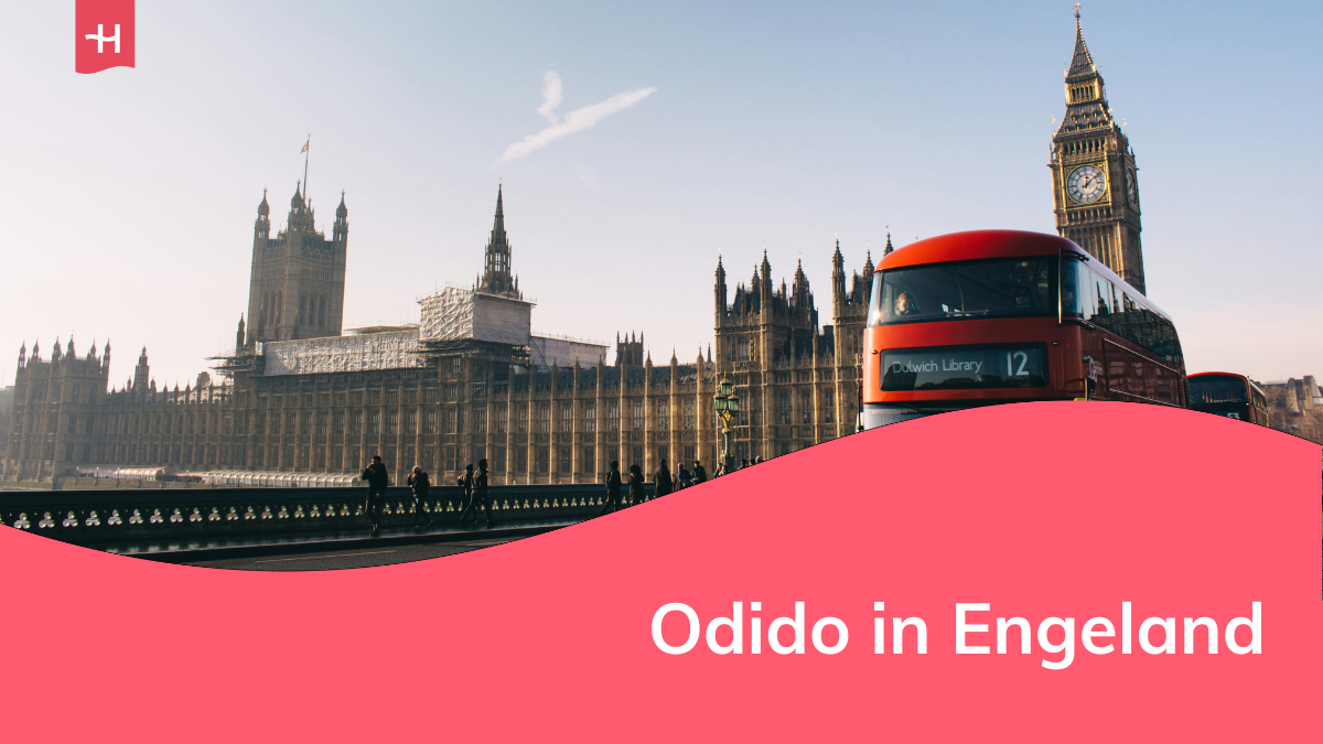 Foto van een rode dubbeldekkerbus op de voorgrond met de Houses of Parliament en de Big Ben op de achtergrond als uitgelichte afbeelding voor een pagina over Odido in Engeland