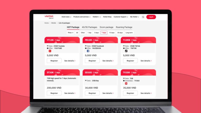 Een laptopscherm met daarop de online winkel van Viettel