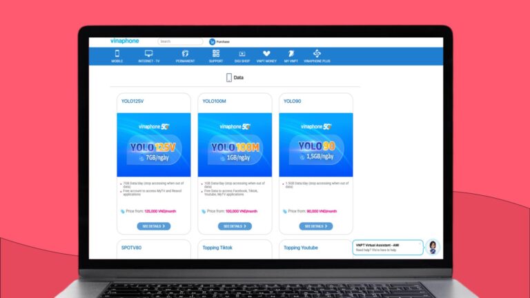 Een laptopscherm met daarop de online winkel van VinaPhone