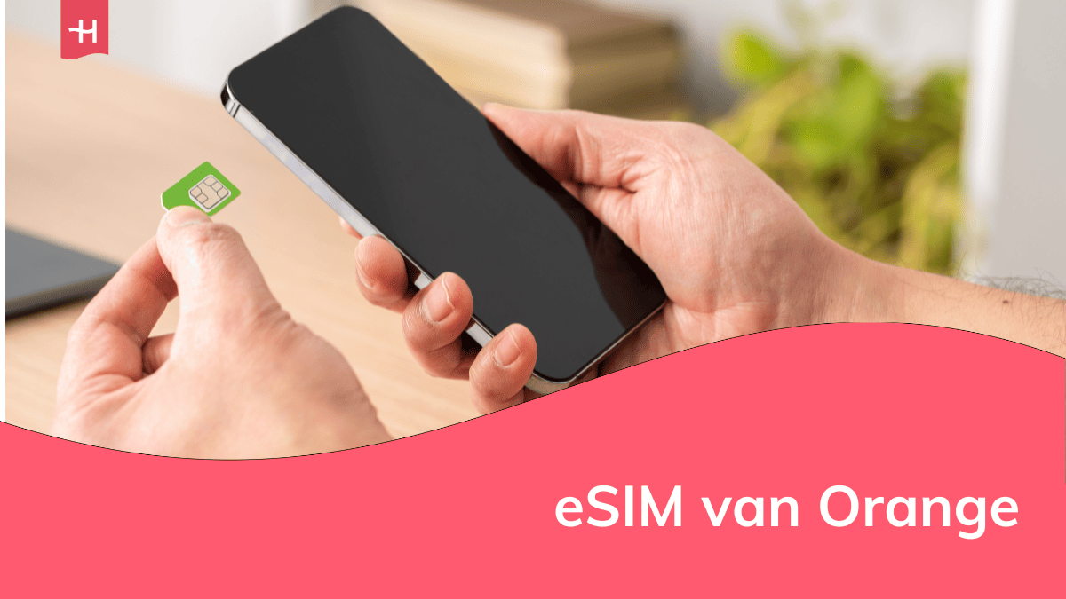 Foto van een man die een iPhone en een simkaartje vasthoudt als uitgelichte afbeelding voor een artikel over de eSIM van Orange