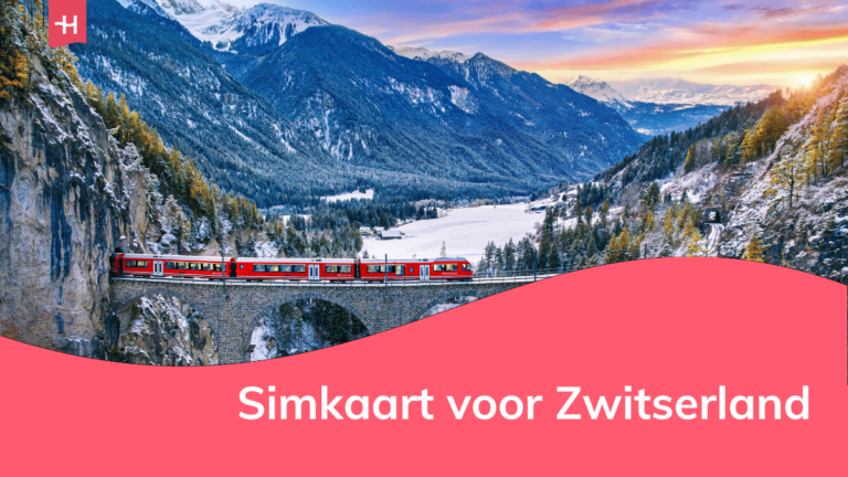 Foto van een Zwitsers berglandschap met een rode trein op de voorgrond als uitgelichte afbeelding voor een pagina over simkaart voor Zwitserland