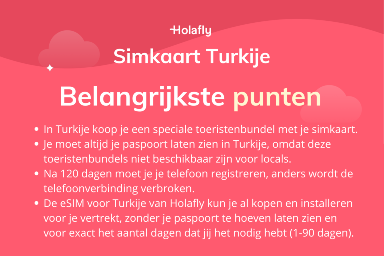 Afbeelding met een samenvatting van de belangrijkste punten over een simkaart voor Turkije