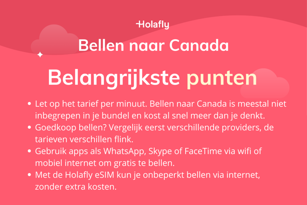 Afbeelding met daarop de belangrijkste punten over bellen naar Canada samengevat