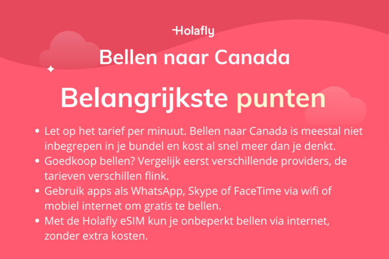 Afbeelding met daarop de belangrijkste punten over bellen naar Canada samengevat