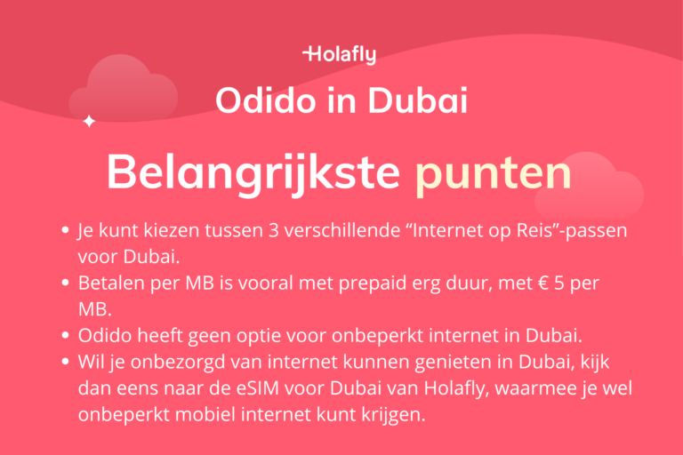 Afbeelding met daarop de belangrijkste punten over Odido in Dubai samengevat