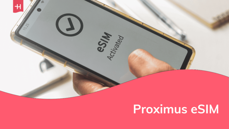 Foto van een telefoon met daarop de woorden "eSIM activated" als uitgelichte afbeelding voor een artikel over de Proximus eSIM