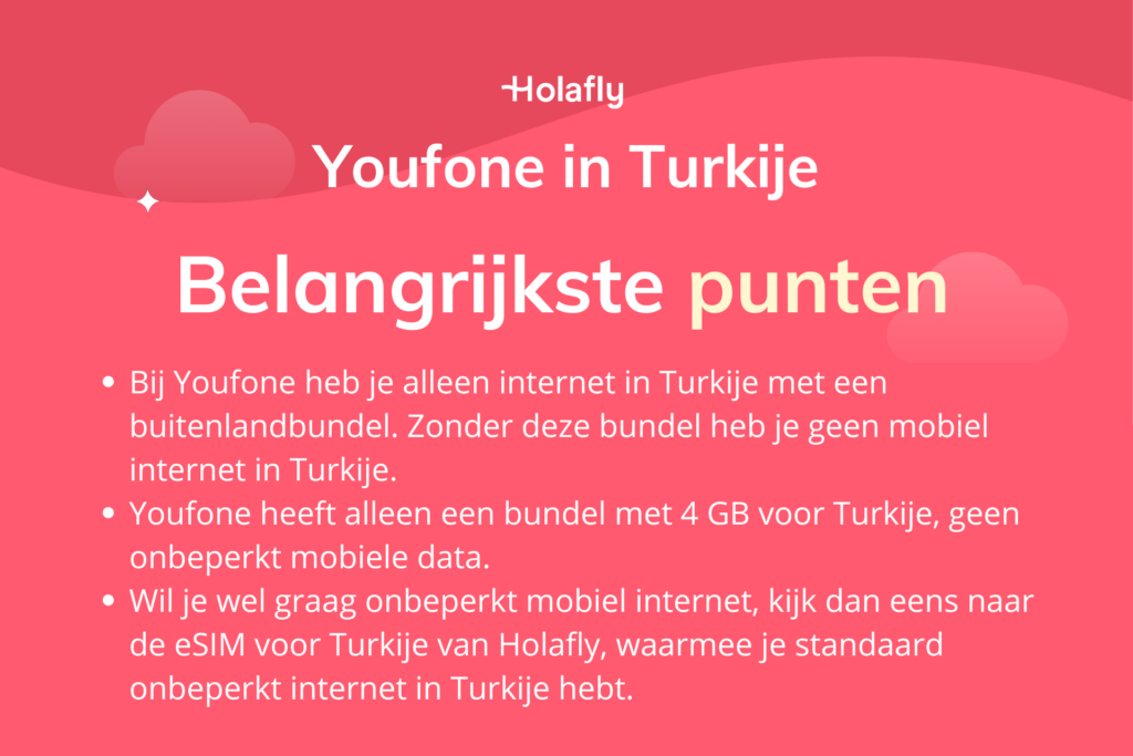 Afbeelding met daarop de belangrijkste punten over Youfone in Turkije samengevat