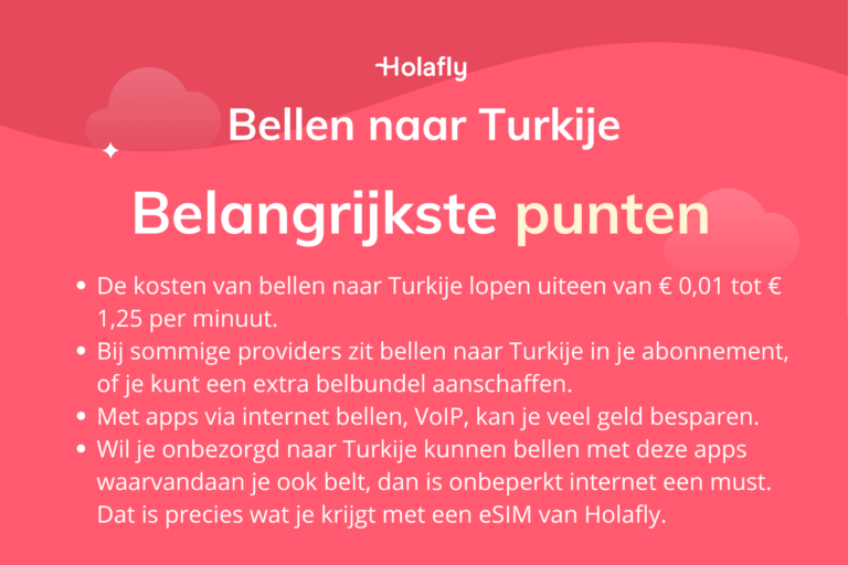 Afbeelding met daarop de belangrijkste punten over bellen naar Turkije samengevat