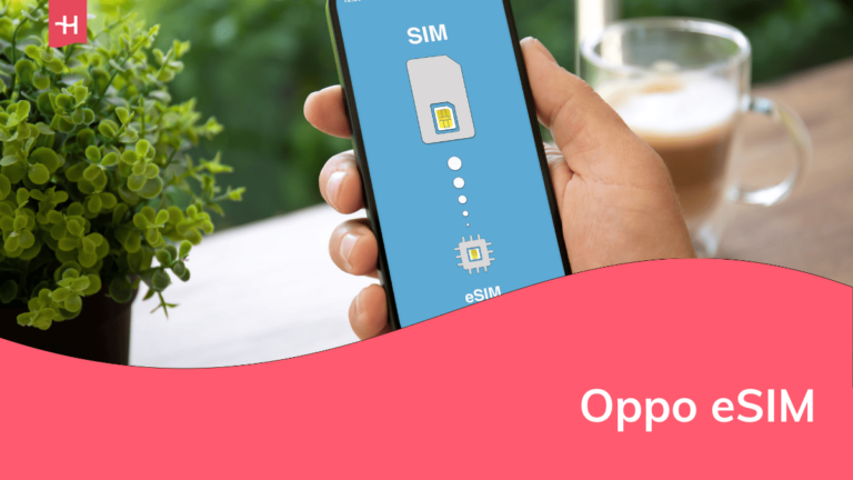 Foto van een persoon die een smartphone vasthoudt met op het scherm de woorden SIM en eSIM als uitgelichte afbeelding voor een artikel over de Oppo eSIM