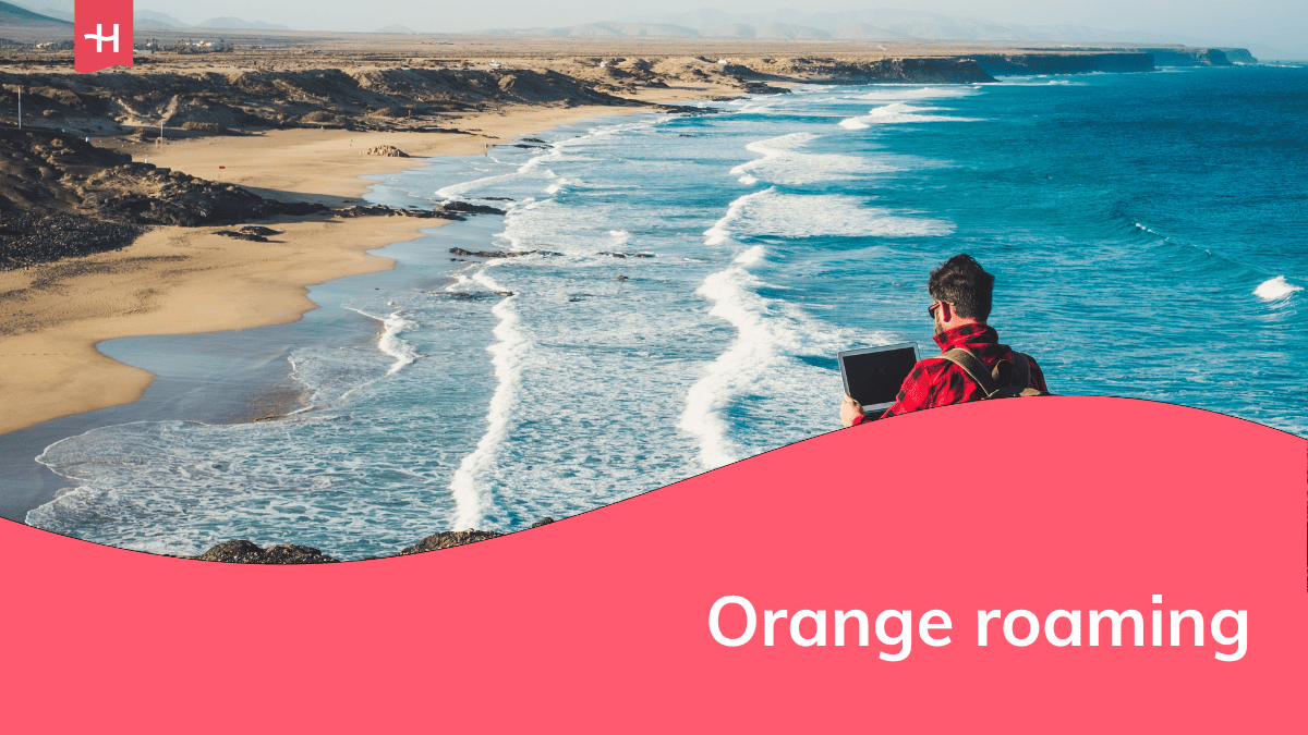 Foto van een man die op zijn laptop kijkt met de zee op de achtergrond als uitgelichte afbeelding voor een artikel over Orange roaming