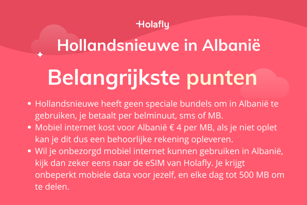 Afbeelding met daarop de belangrijkste punten over Hollandsnieuwe in Albanië samengevat
