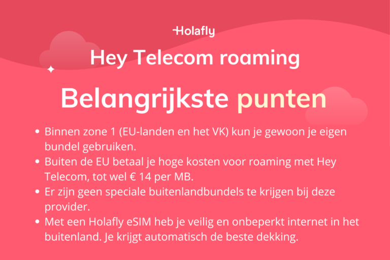 Afbeelding met daarop de belangrijkste punten over Hey Telecom roaming samengevat