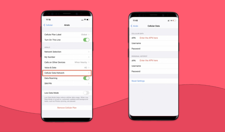 Foto van twee smartphones waarop wordt uitgelegd hoe je de APN van de Airalo eSIM kunt wijzigen
