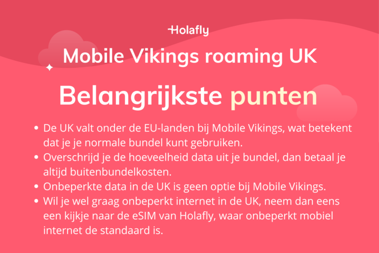 Afbeelding met daarop de belangrijkste punten over Mobile Vikings roaming in de UK samengevat