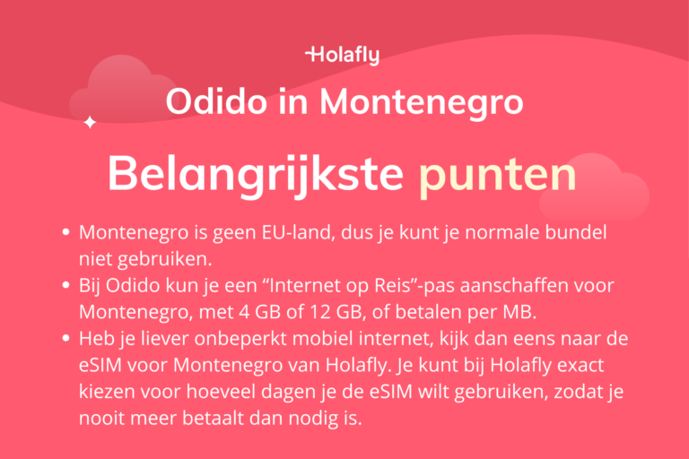 Afbeelding met daarop de belangrijkste punten over Odido in Montenegro samengevat