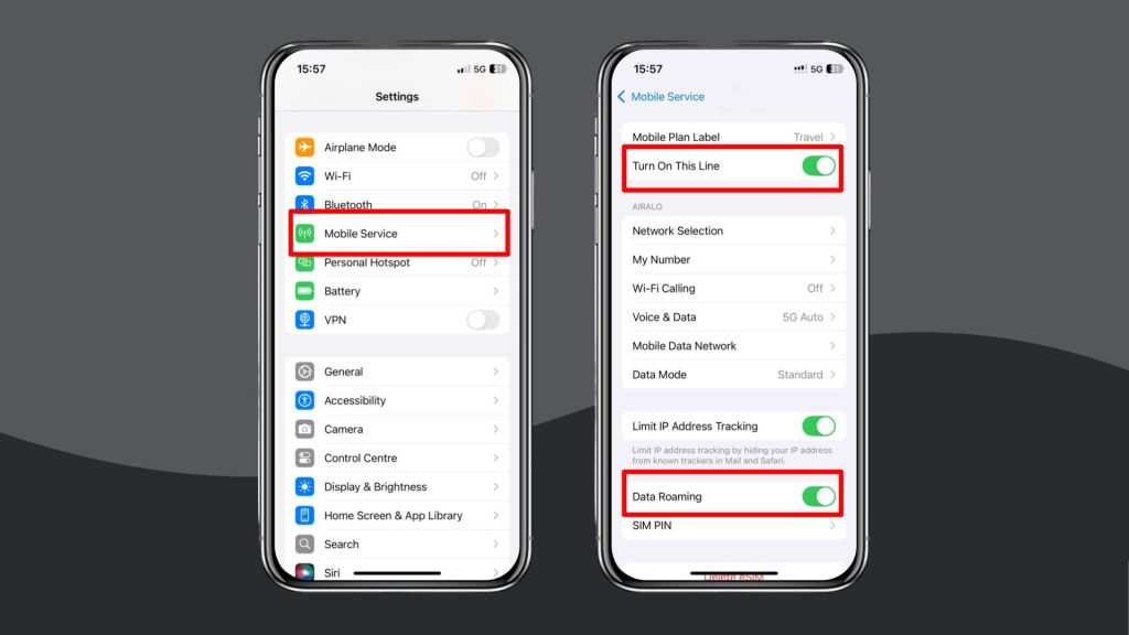 Foto van twee iPhones met daarop informatie over hoe je een eSIM en roaming inschakelt