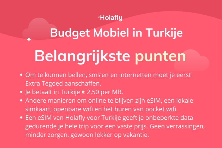Afbeelding met daarop de belangrijkste punten over Budget Mobiel in Turkije samengevat