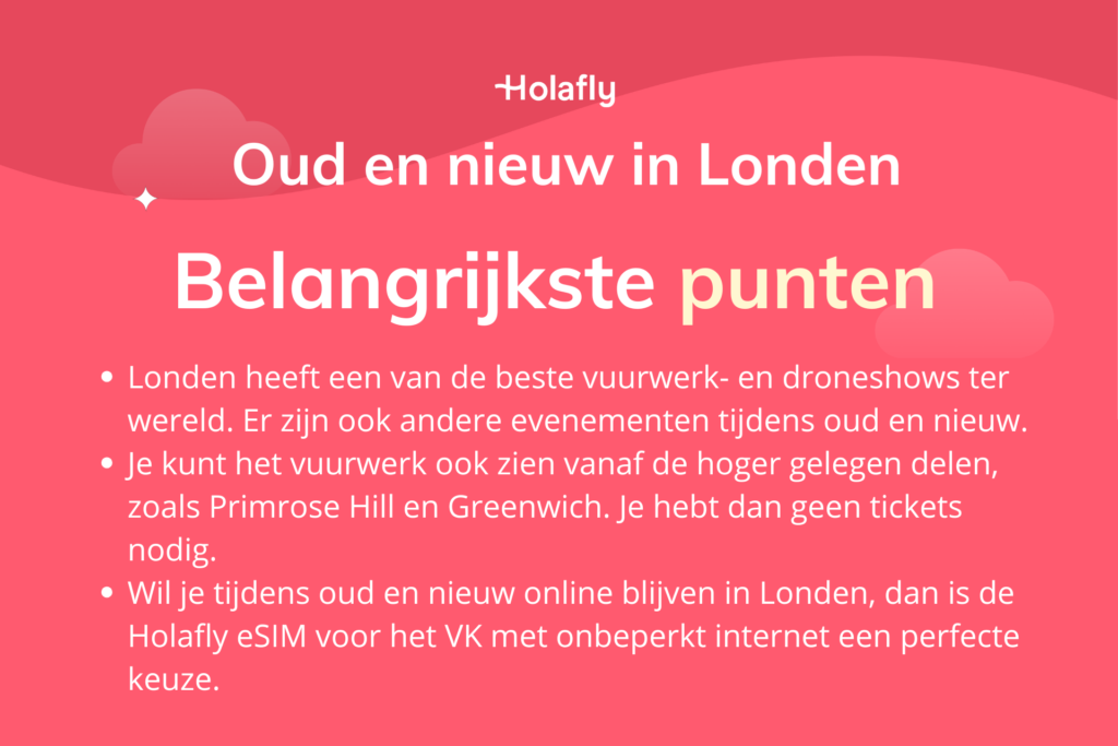 Afbeelding met daarop de belangrijkste punten over Oud en Nieuw in Londen samengevat