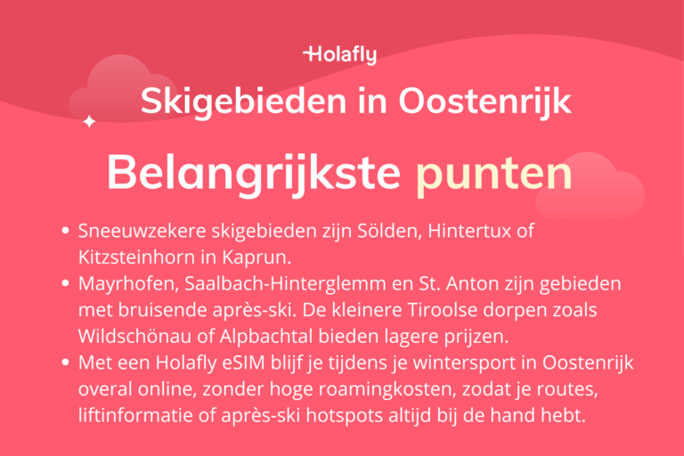 Afbeelding met daarop de belangrijkste punten over skigebieden in Oostenrijk samengevat