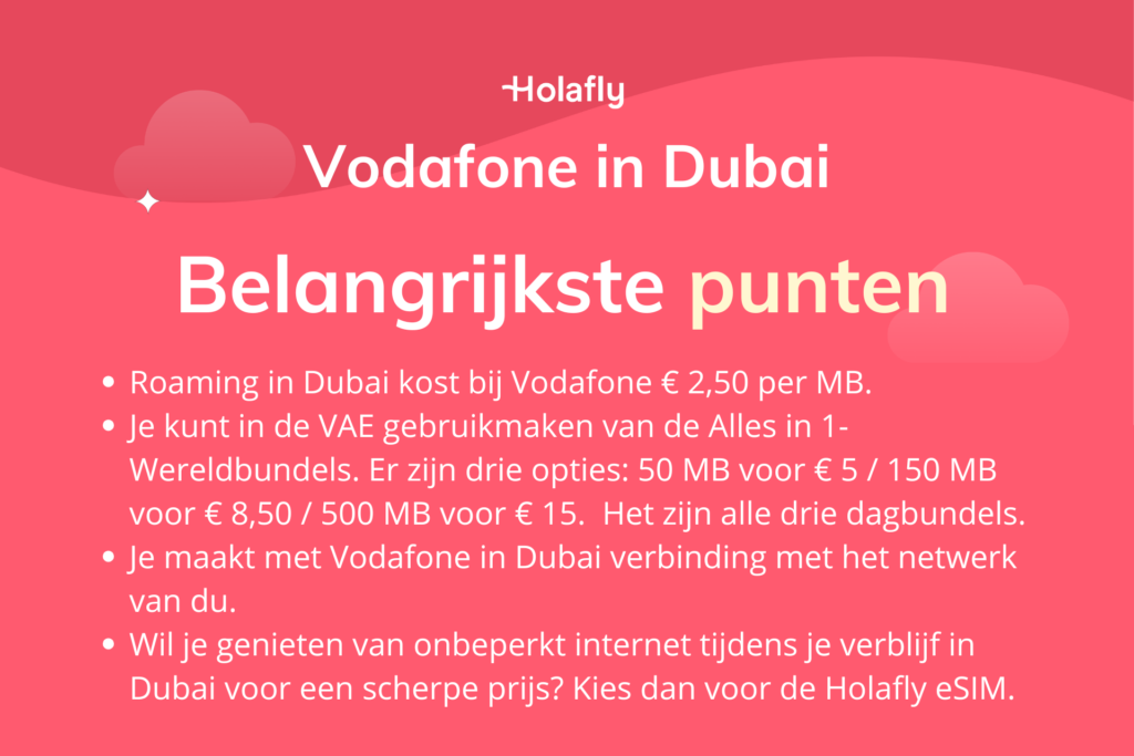 Afbeelding met daarop de belangrijkste punten over Vodafone in Dubai samengevat