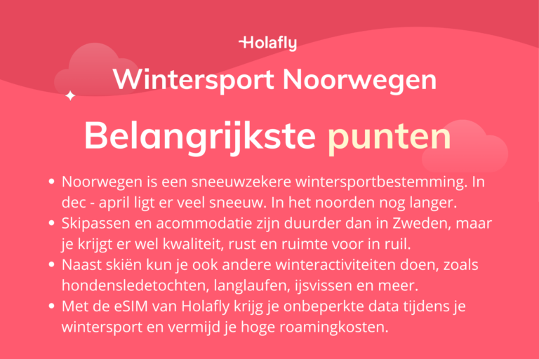 Afbeelding met daarop de belangrijkste punten over wintersport in Noorwegen samengevat