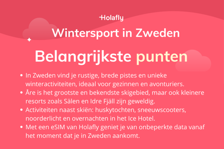 Afbeelding met daarop de belangrijkste punten over wintersport in Zweden samengevat