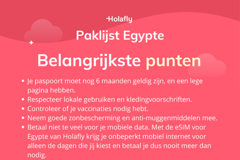 Afbeelding met daarop de belangrijkste punten over 'Paklijst voor Egypte' samengevat