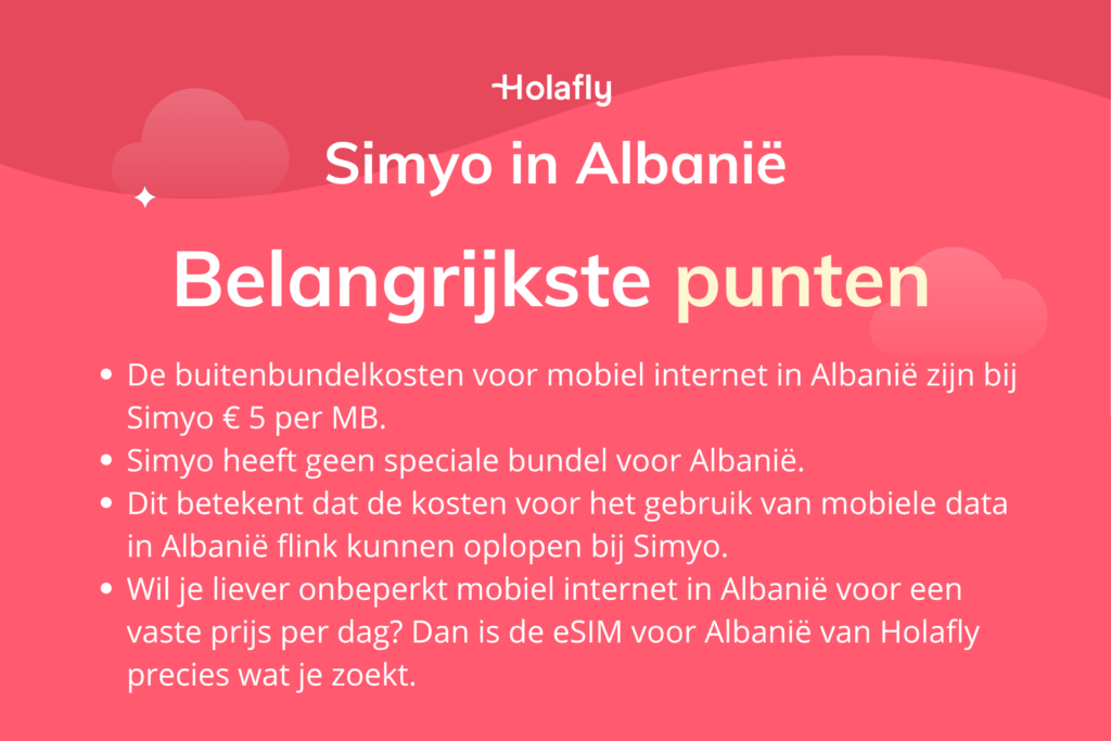 Afbeelding met daarop de belangrijkste punten over Simyo in Albanië samengevat