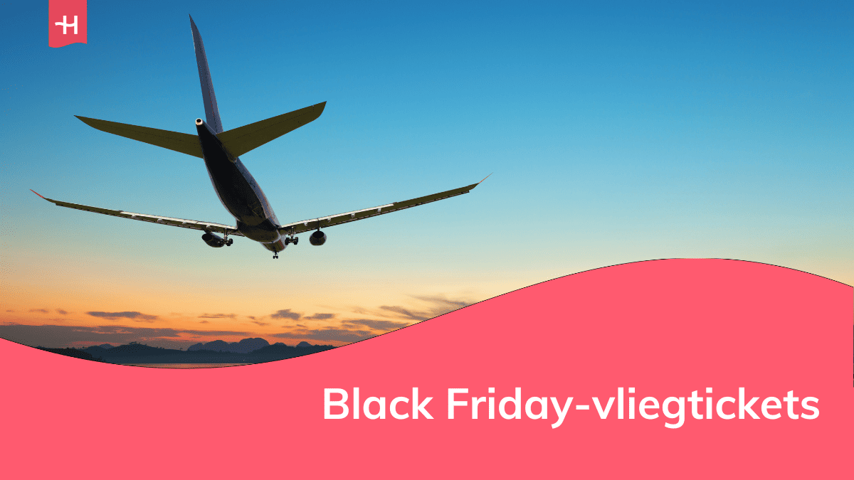 Foto van een vliegtuig op de voorgrond met blauwe lucht op de achtergrond als uitgelichte afbeelding voor een artikel over Black Friday-vliegtickets