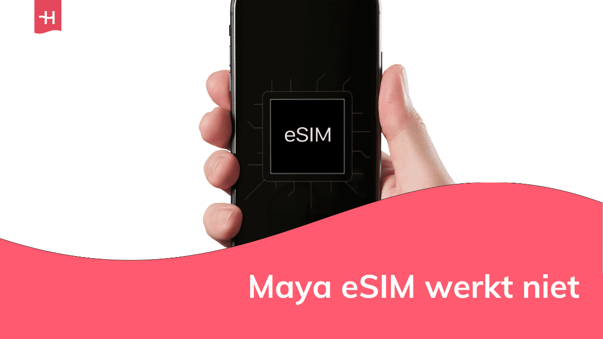 Foto van hand die een smartphone vasthoudt met daarop het woord "eSIM" als uitgelichte afbeelding voor een artikel over "Maya eSIM werkt niet"