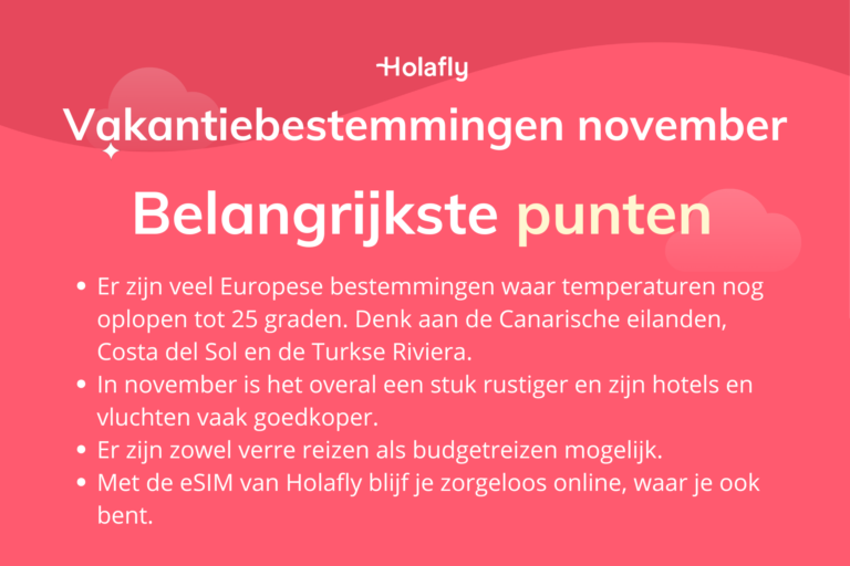 Afbeelding met daarop de belangrijkste punten over vakantiebestemmingen in november samengevat