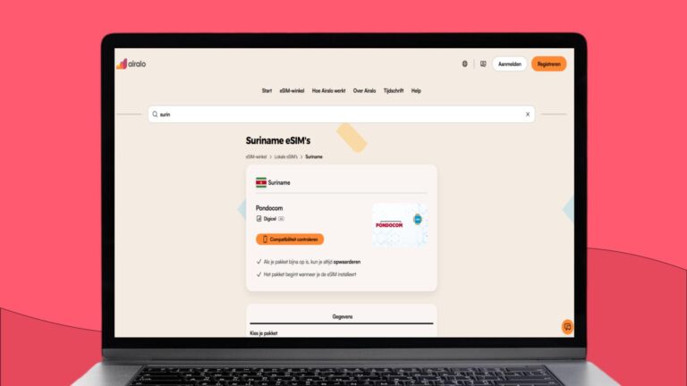 Foto van een laptopscherm met daarop de website van Airalo en alle info over de eSIM voor Suriname