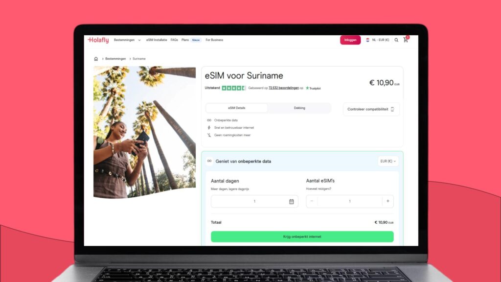 Foto van een laptopscherm met daarop de website van Holafly en alle info over de eSIM voor Suriname