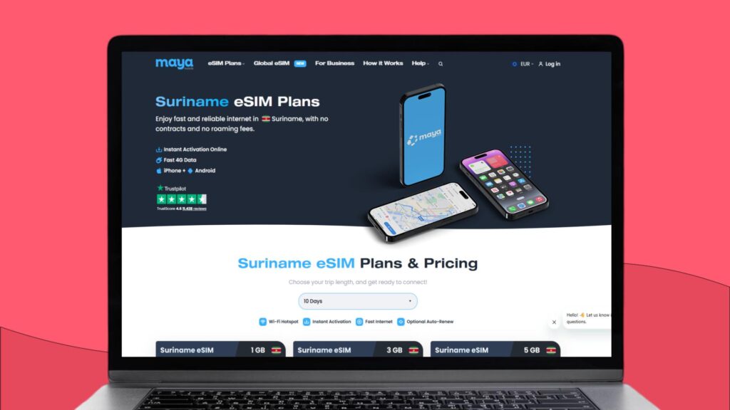 Foto van een laptopscherm met daarop de website van Maya Mobile en alle info over de eSIM voor Suriname