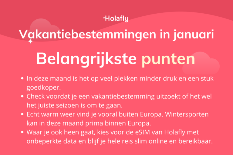 Afbeelding met daarop de belangrijkste punten over vakantiebestemmingen in januari samengevat