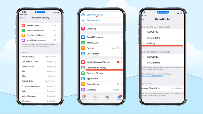 Foto van 3 iPhones met daarop een stappenplan voor het verbergen van je telefoonnummer op Telegram