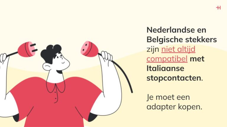 Tekening van een man die twee stekkers vasthoudt die met elkaar kunnen verbonden worden met daarnaast informatie over de compatibiliteit van de Italiaanse stopcontacten met Nederlandse en Belgische toestellen