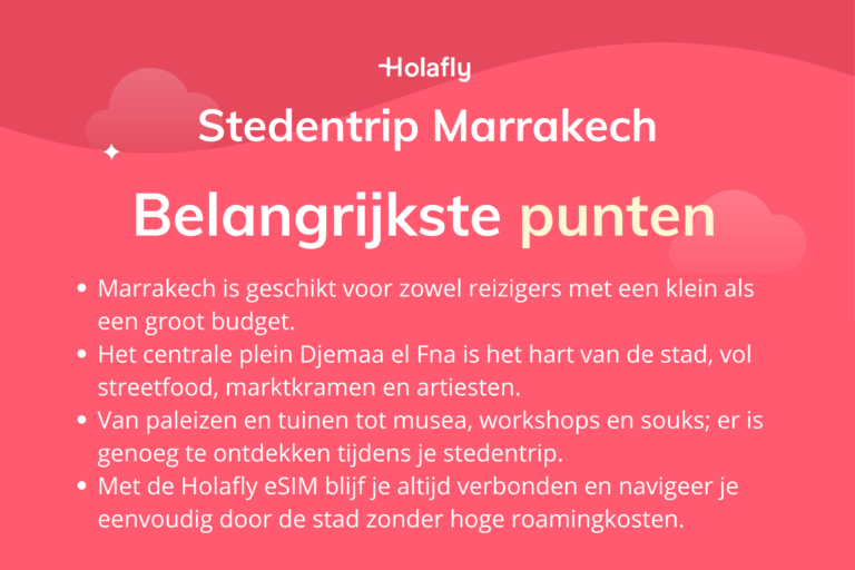 Afbeelding met daarop de belangrijkste punten over een stedentrip naar Marrakech samengevat