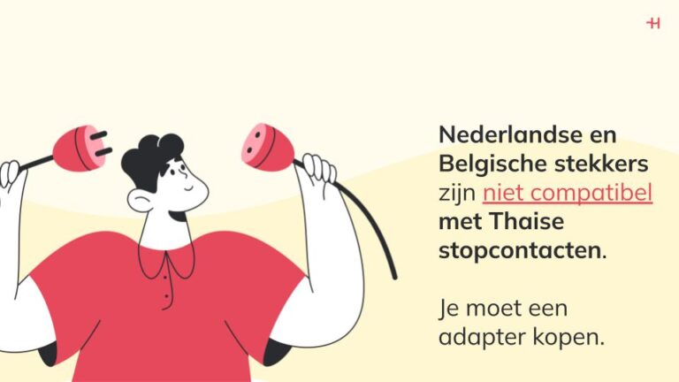 Tekening van een man die twee stekkers vasthoudt die met elkaar kunnen verbonden worden met daarnaast informatie over de compatibiliteit van de Thaise stopcontacten met Nederlandse en Belgische toestellen