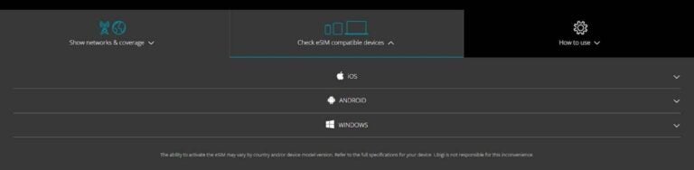 Screenshot van de website van Ubigi met informatie over hoe je de compatibiliteit van de eSIM kunt controleren