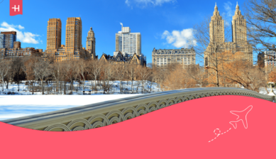 Foto van de besneeuwde Bow Bridge in Central Park, met de skyline van NYC op de achtergrond als uitgelichte afbeelding voor een artikel over wat te doen in New York