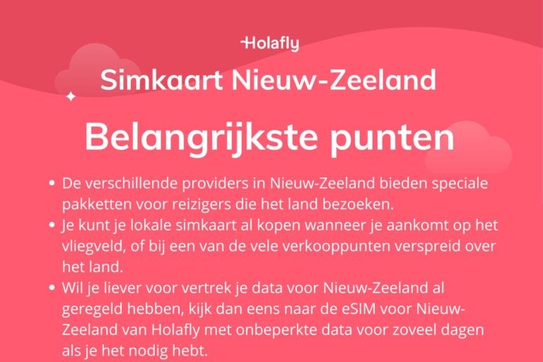 Belangrijkste punten over simkaart Nieuw-Zeeland met overzicht van lokale providers en eSIM-optie van Holafly