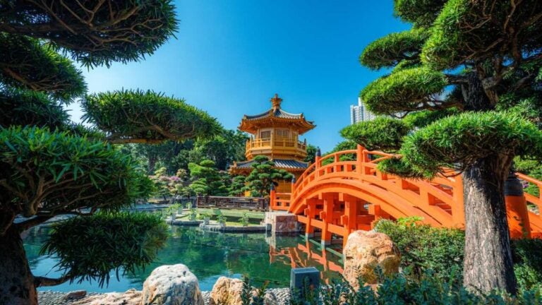 De gouden Pavilion of Absolute Perfection en de iconische rode brug in de Nan Lian Garden, een klassieke Chinese tuin in Hong Kong.