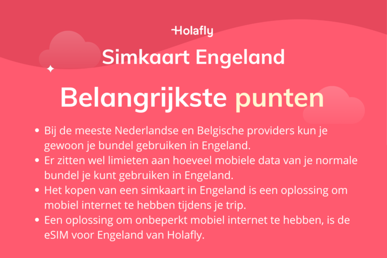 Afbeelding met daarop de belangrijkste punten over een simkaart in Engeland