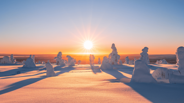 Winterlandschap bij zonsondergang in Fins Lapland