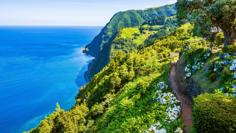 Kustpad langs de oceaan in de tropische tuinen Ponta do Sossego op Madeira