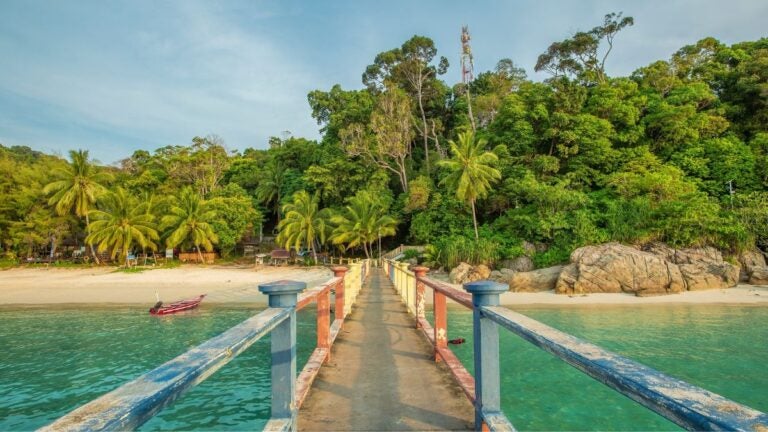 Een lange pier die leidt naar een paradijselijk strand met palmbomen en een strakblauwe lucht, perfect voor de beste reistijd naar Maleisië.