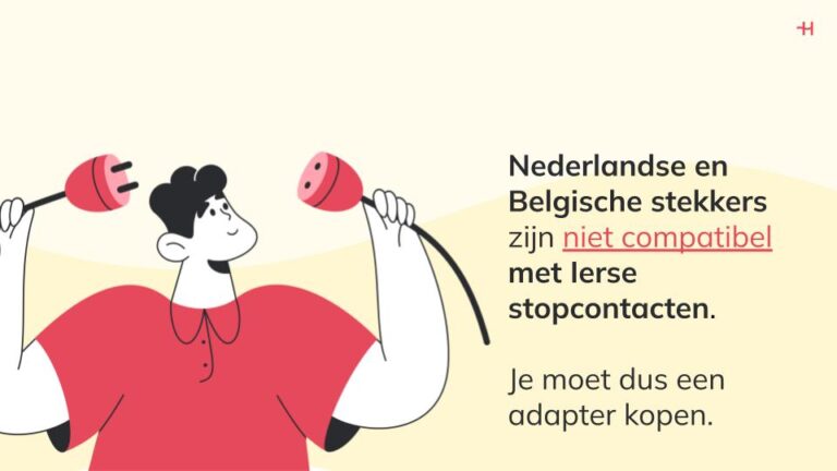 Tekening van een man die twee stekkers vasthoudt die met elkaar kunnen verbonden worden met daarnaast informatie over de compatibiliteit van Ierse stopcontacten met Nederlandse en Belgische toestellen