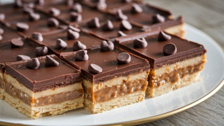 Traditionele millionaires shortbread met chocolade en karamel op een bord.